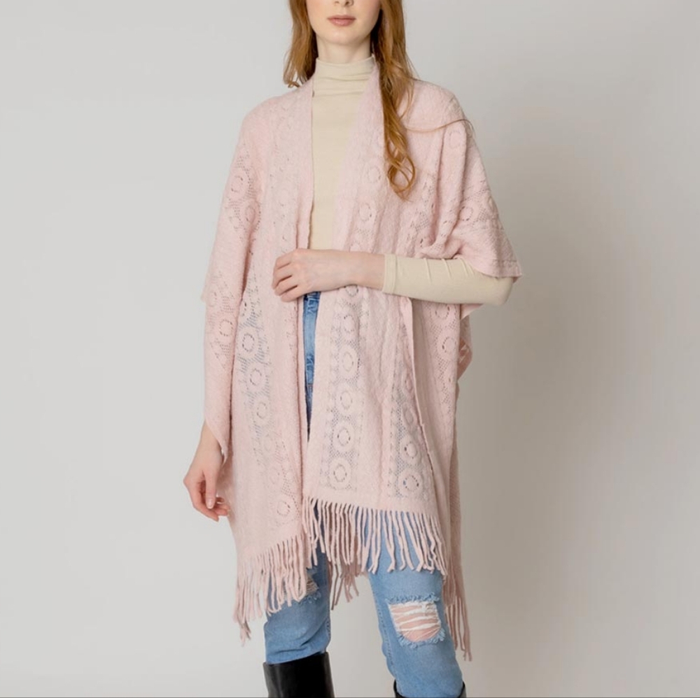Pink Crochet Shawl Fringe Poncho Scarf Sweater Open Front Cape Womens Wrap